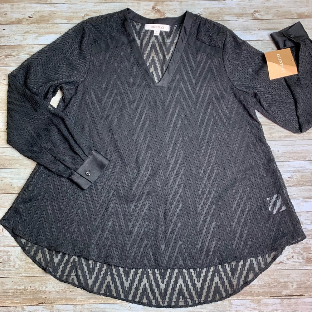 NWT Ellen Tracy black sheer top long sleeves chevron stripes S
